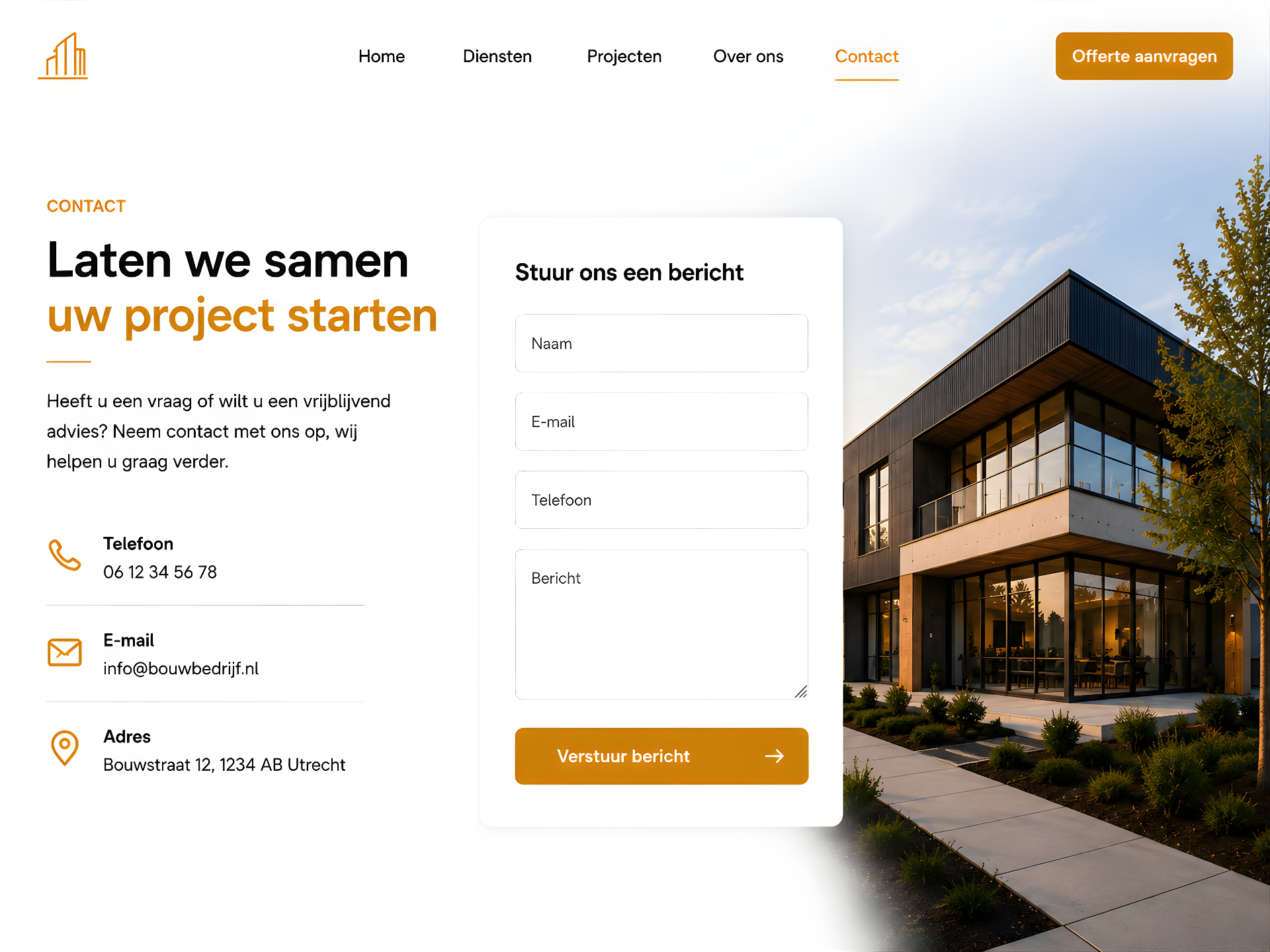 Bouwmerk — contactpagina met formulier en gegevens