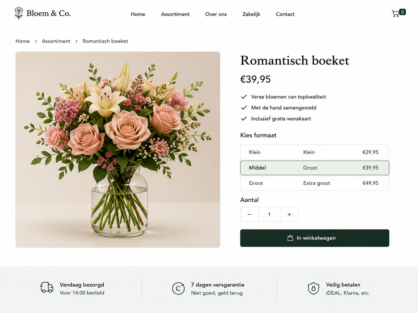 Bloem & Co. — productpagina met formaatkeuze