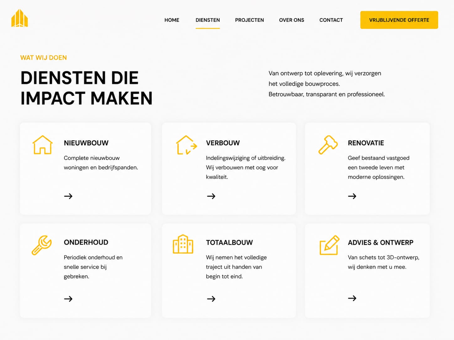 Bouwmeester — dienstenoverzicht met iconen