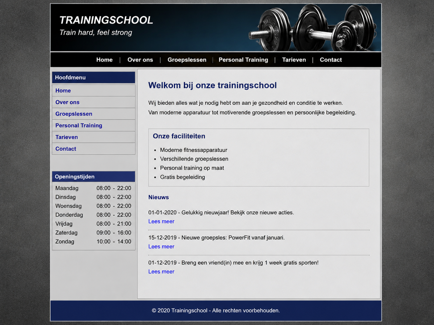 Sportschool — oude homepage voor de vernieuwing