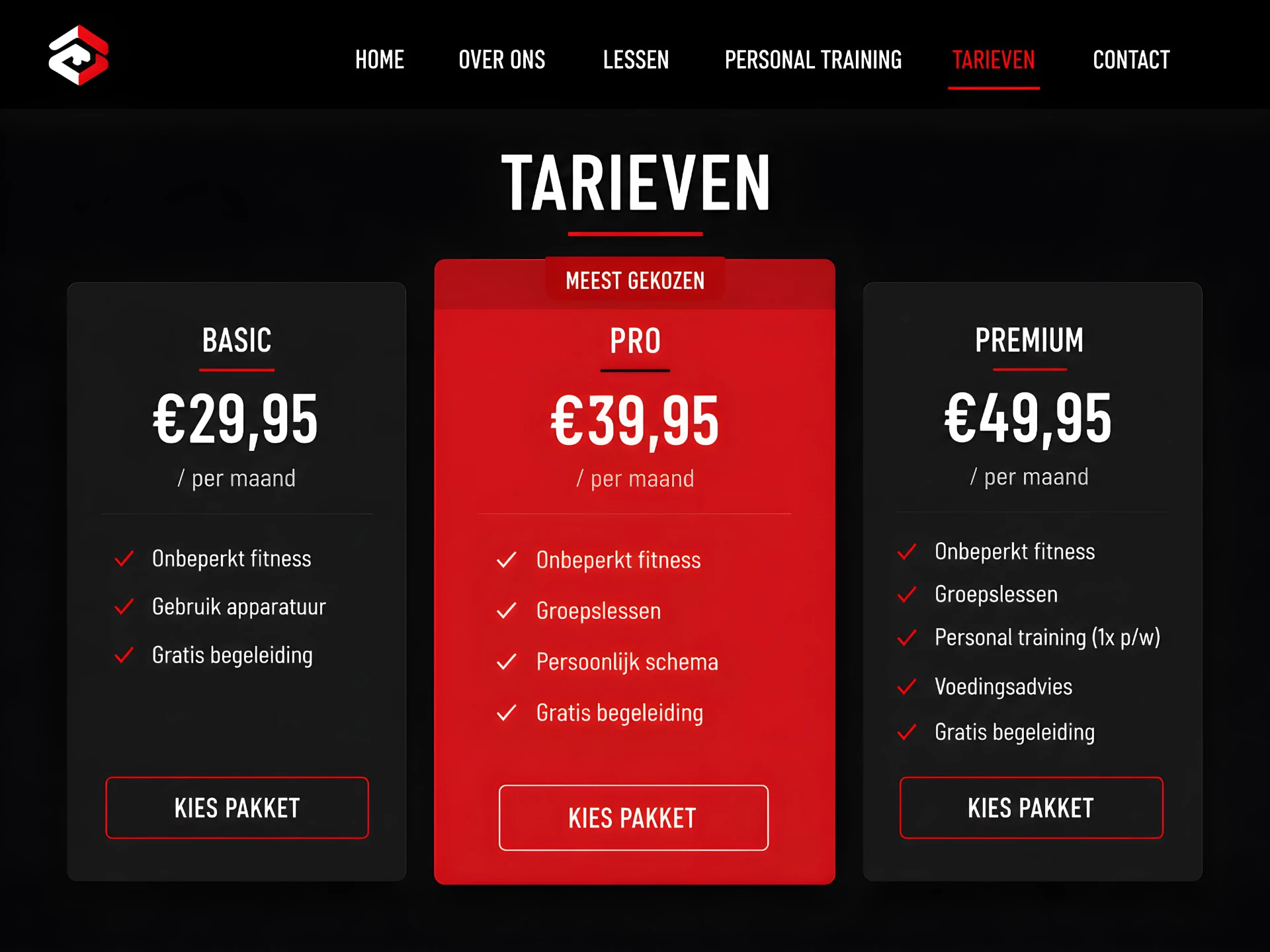 Sportschool — tarieven met drie abonnementen