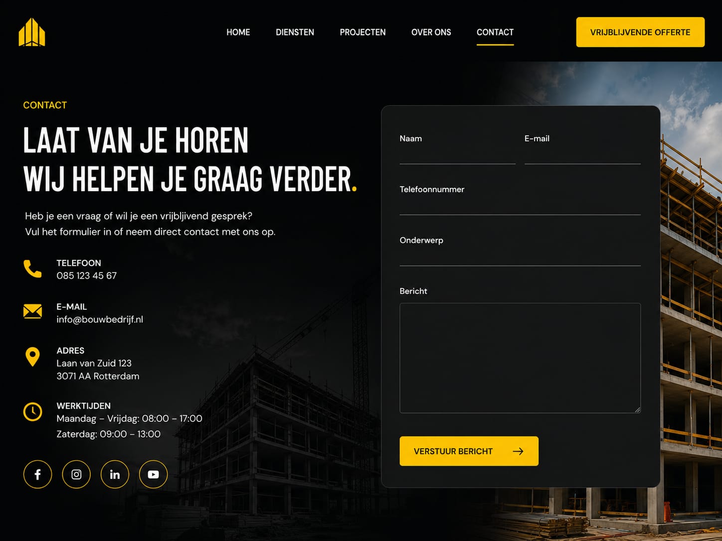 Bouwmeester — contactpagina met formulier en gegevens