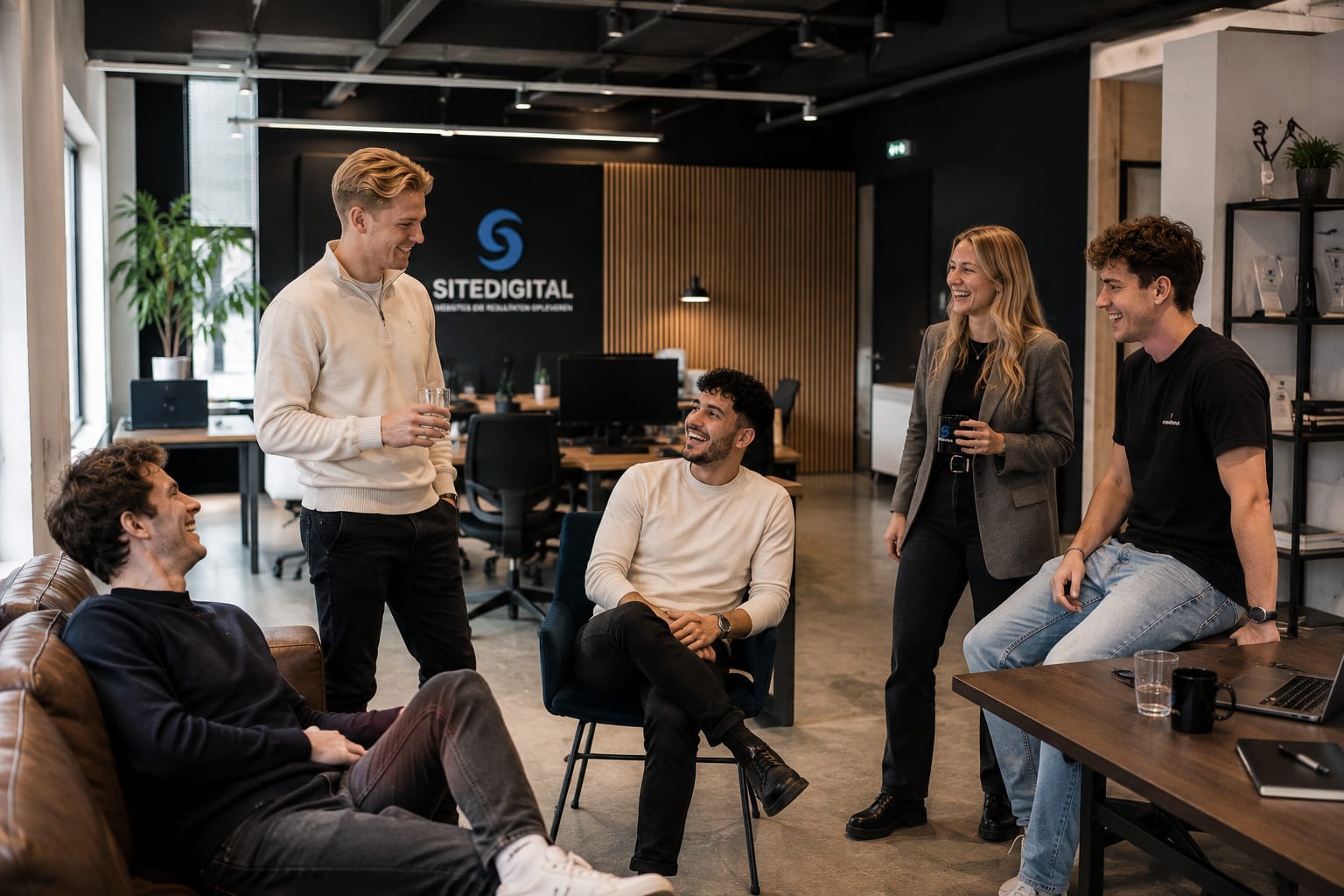 Het team van SiteDigital in gesprek op kantoor in Den Haag