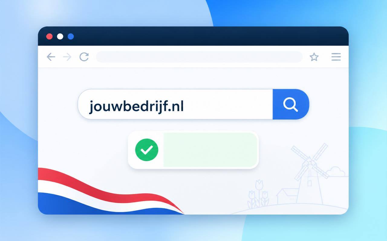 Browserscherm met een .nl domeinnaam controle en groen beschikbaar-vinkje