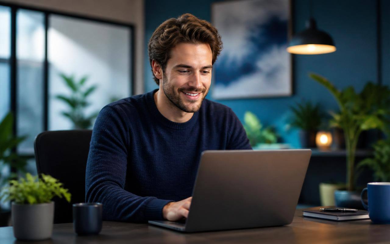 Ondernemer achter laptop krijgt persoonlijke ondersteuning bij het kiezen van een domeinnaam