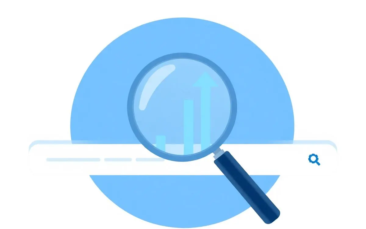 Illustratie van SEO — vergrootglas over Google zoekbalk met stijgende grafiek