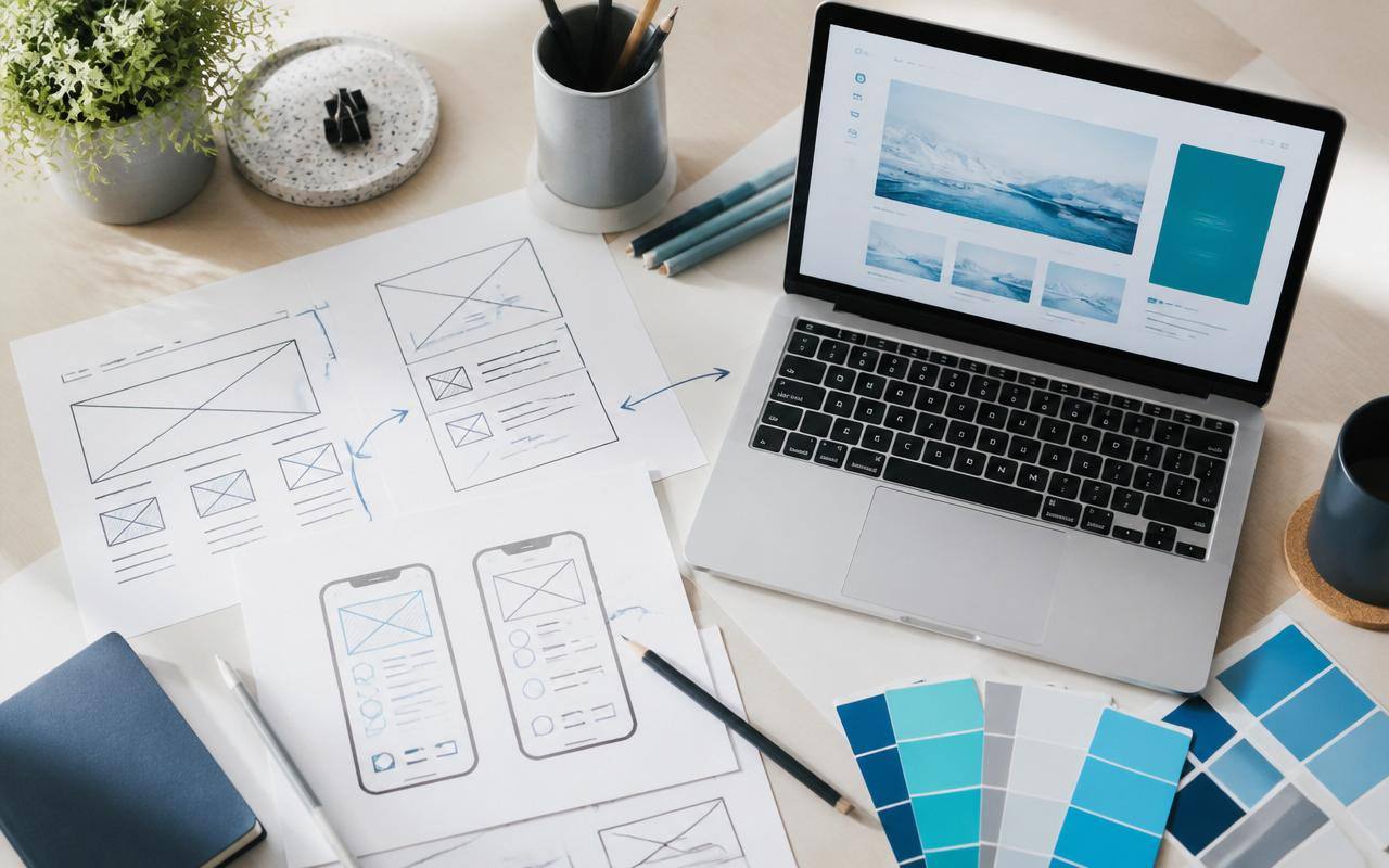 Werkplek van webdesigner met wireframe schetsen, kleurstalen en laptop met website ontwerp