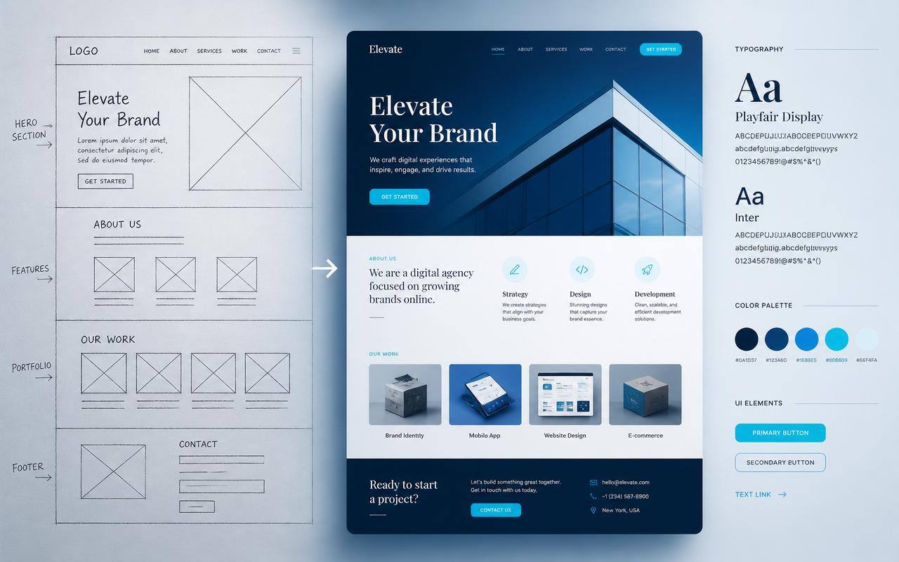 Van wireframe schets naar afgewerkt modern webdesign met kleurenpalet en typografie
