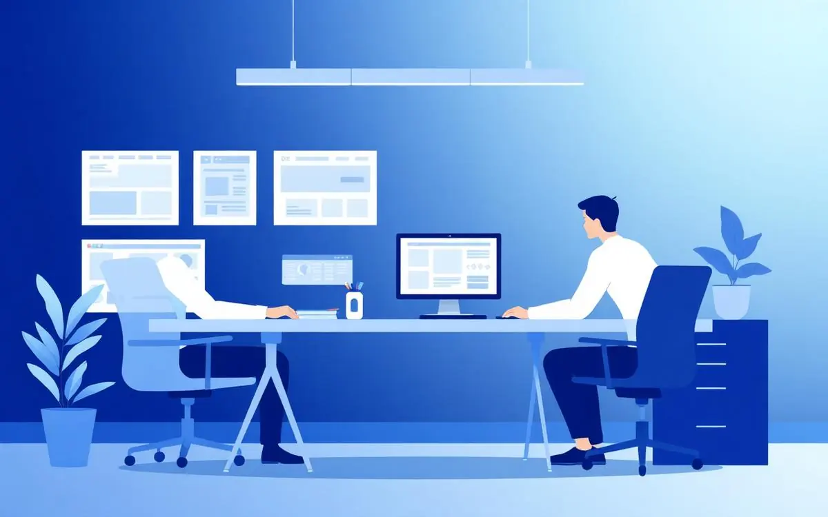 Illustratie webdesignbureau — designers werken aan website ontwerpen