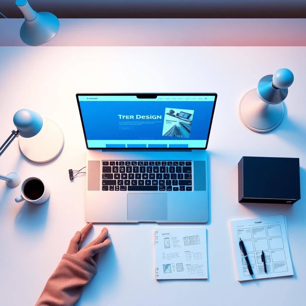 Werkplek van SiteDigital webdesignbureau met laptop, wireframes en modern website ontwerp