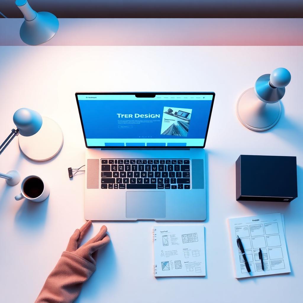 Werkplek van SiteDigital webdesignbureau met laptop, wireframes en modern website ontwerp