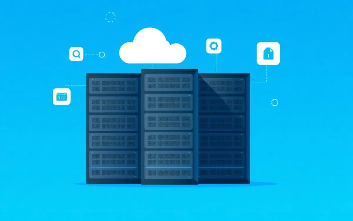 Illustratie van webhosting — server racks met cloud en website iconen