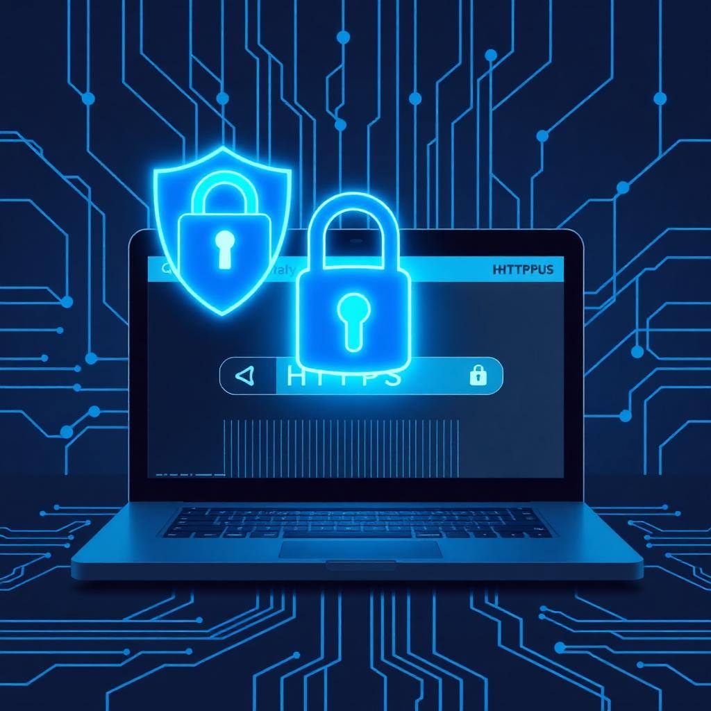 SSL slotje en shield boven een laptop met HTTPS adresbalk — website beveiliging door SiteDigital