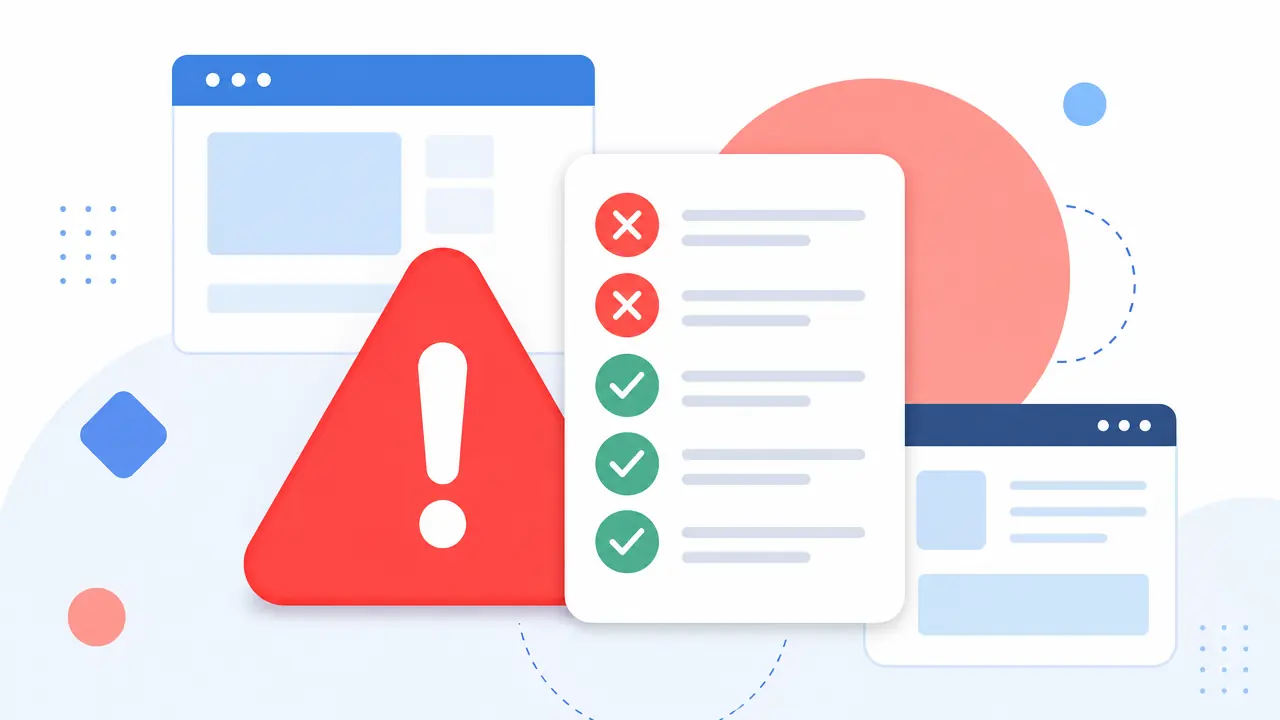 Illustratie van veelgemaakte website fouten — checklist met waarschuwingsiconen