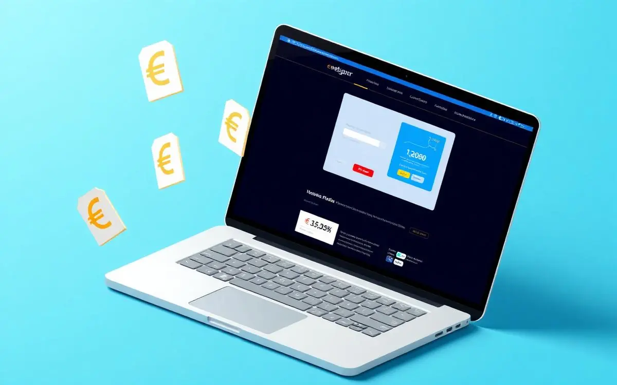 Illustratie van een laptop met een website en zwevende euro prijskaartjes — website laten maken kosten