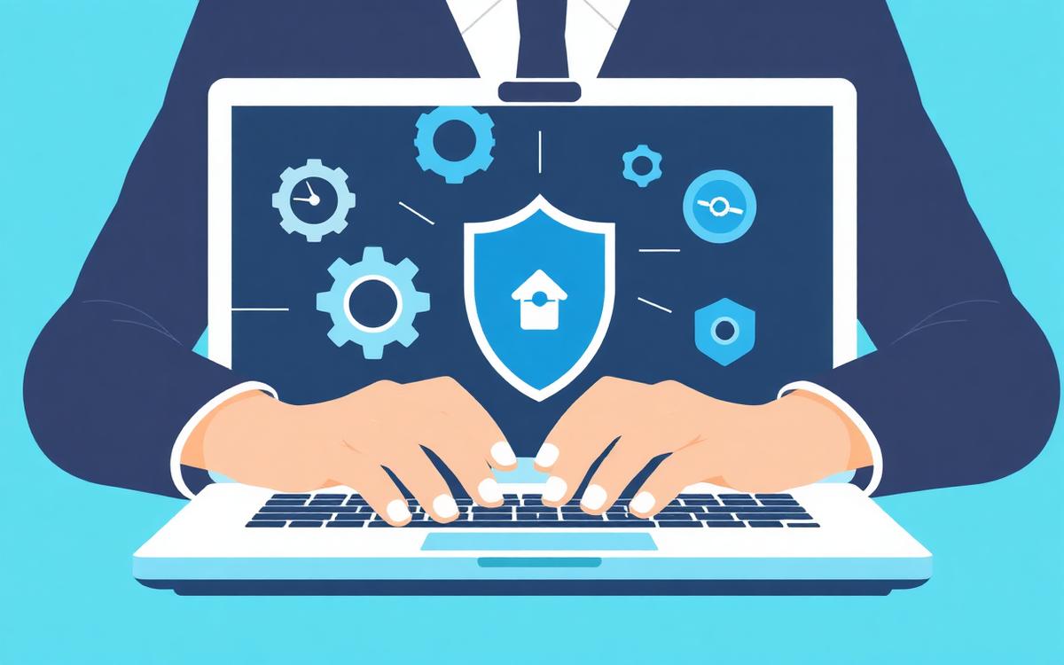Illustratie website onderhoud — handen op laptop met tandwielen en schild