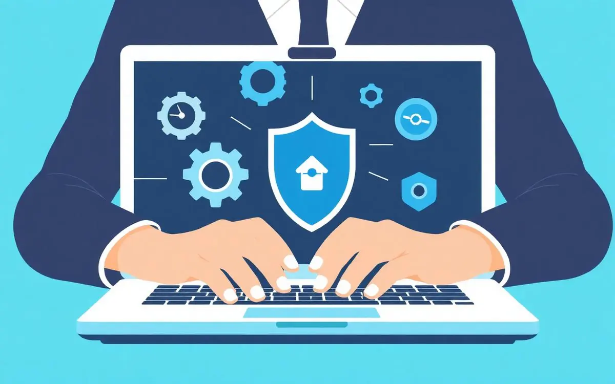Illustratie website onderhoud — handen op laptop met tandwielen en schild